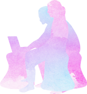 An adult and child watercolor art look at a computer laptop.