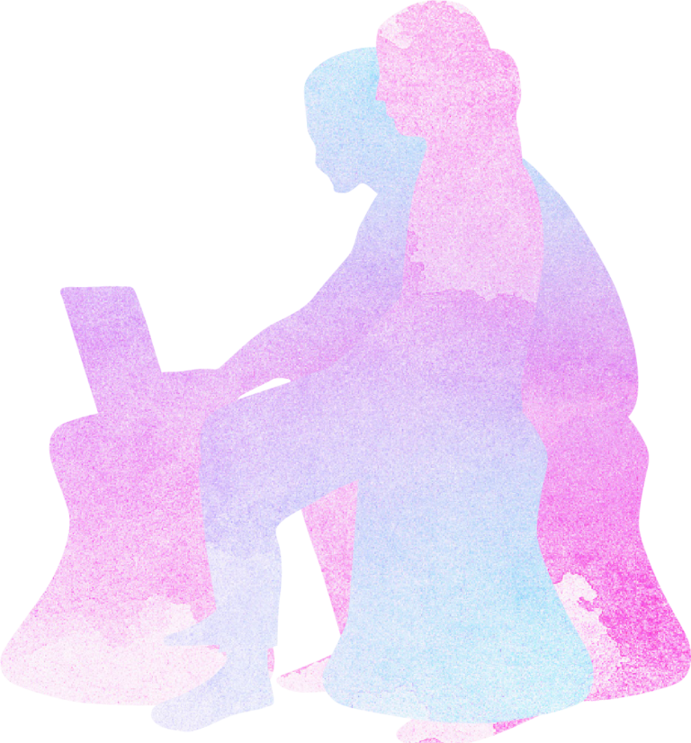 An adult and child watercolor art look at a computer laptop.